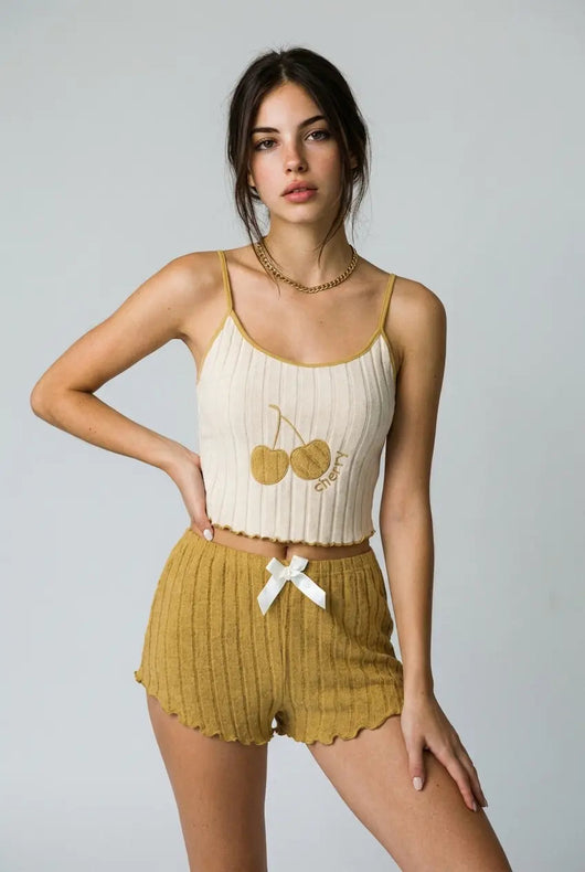 Big Cherry Ribbed Pajama Set - Yellow moonhaven