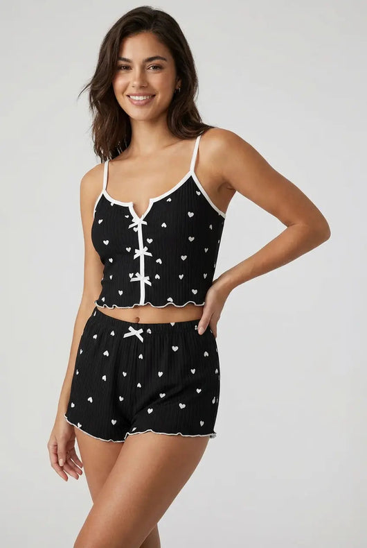 Ribbed cami pajama set - Black with hearts moonhaven