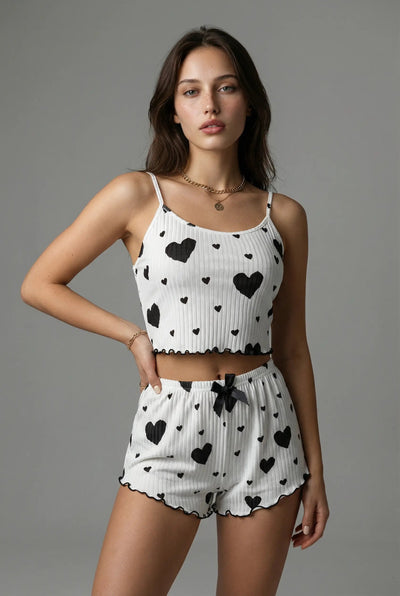 Ribbed cami pajama set - White with Black Hearts moonhaven