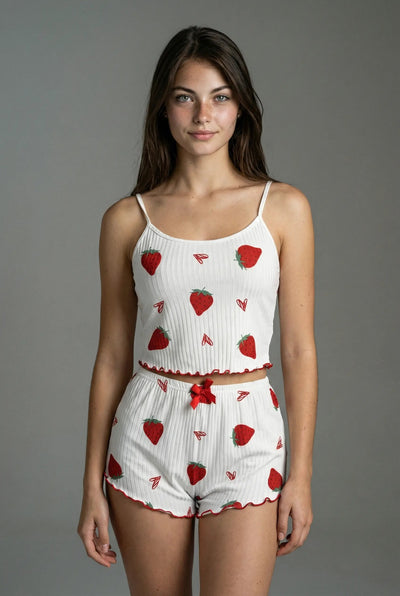 Ribbed cami pajama set - White with Big Strawberries moonhaven