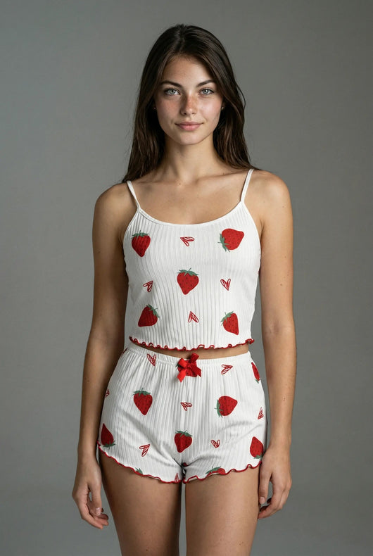 Ribbed cami pajama set - White with Big Strawberries moonhaven