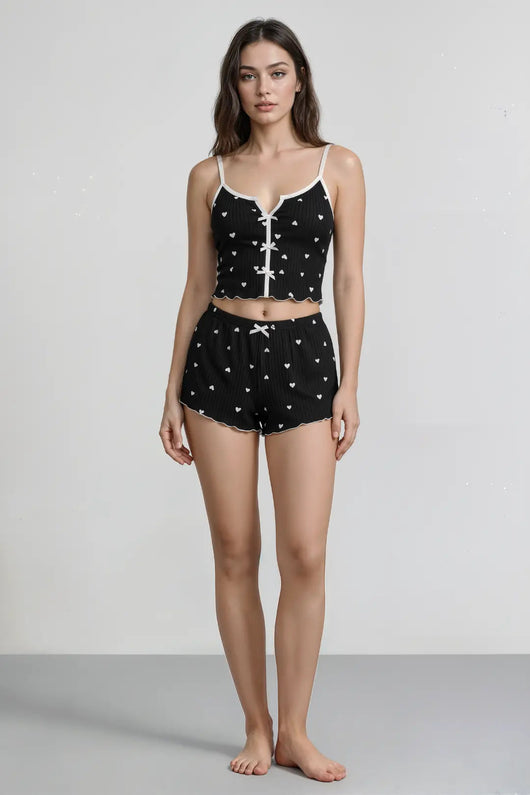 Ribbed cami pajama set - Black with hearts moonhaven