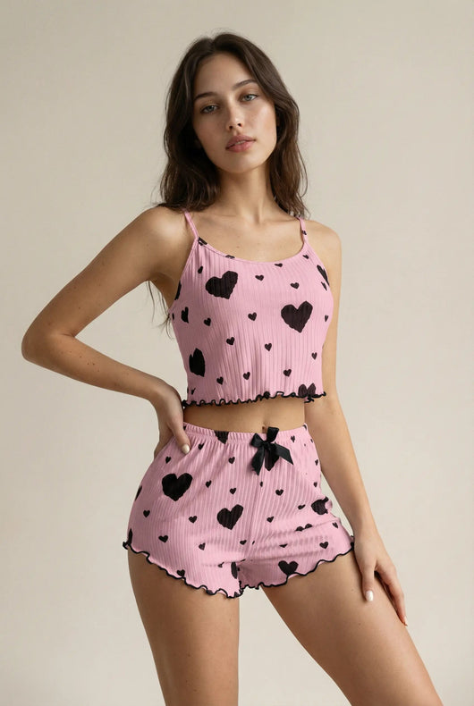 Ribbed cami pajama set - Pink with Black Hearts moonhaven