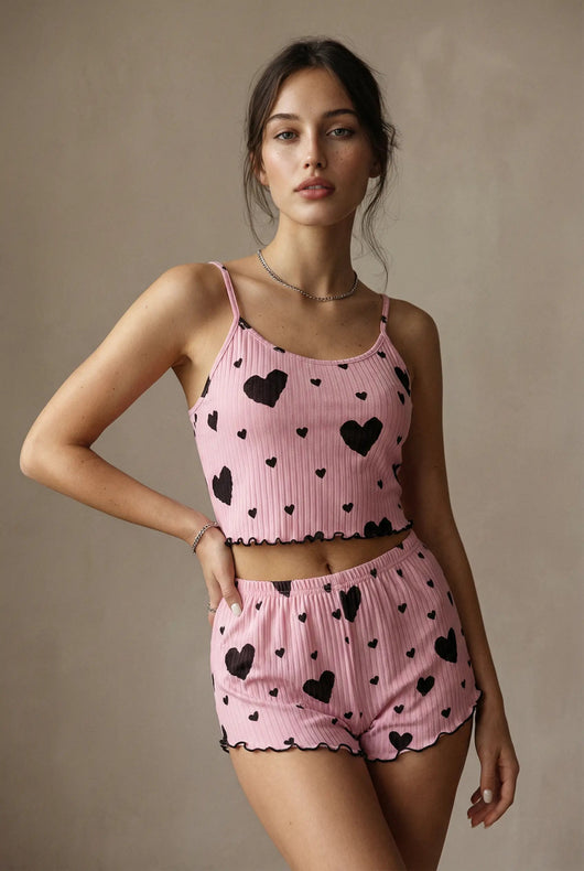 Ribbed cami pajama set - Pink with Black Hearts moonhaven