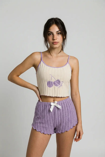 Big Cherry Ribbed Pajama Set - Purple moonhaven